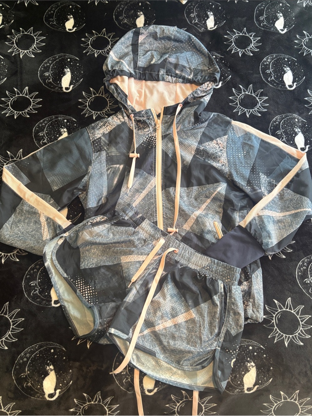 ZYIA Girls' Blue and Peach Windbreaker Jacket and Shorts Set